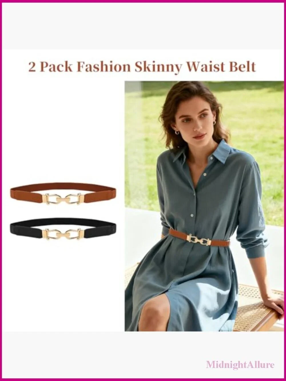 Stretchy Thin Waist Belt, Retro Elastic Skinny Belt with Gold Buckle, 2 Pack